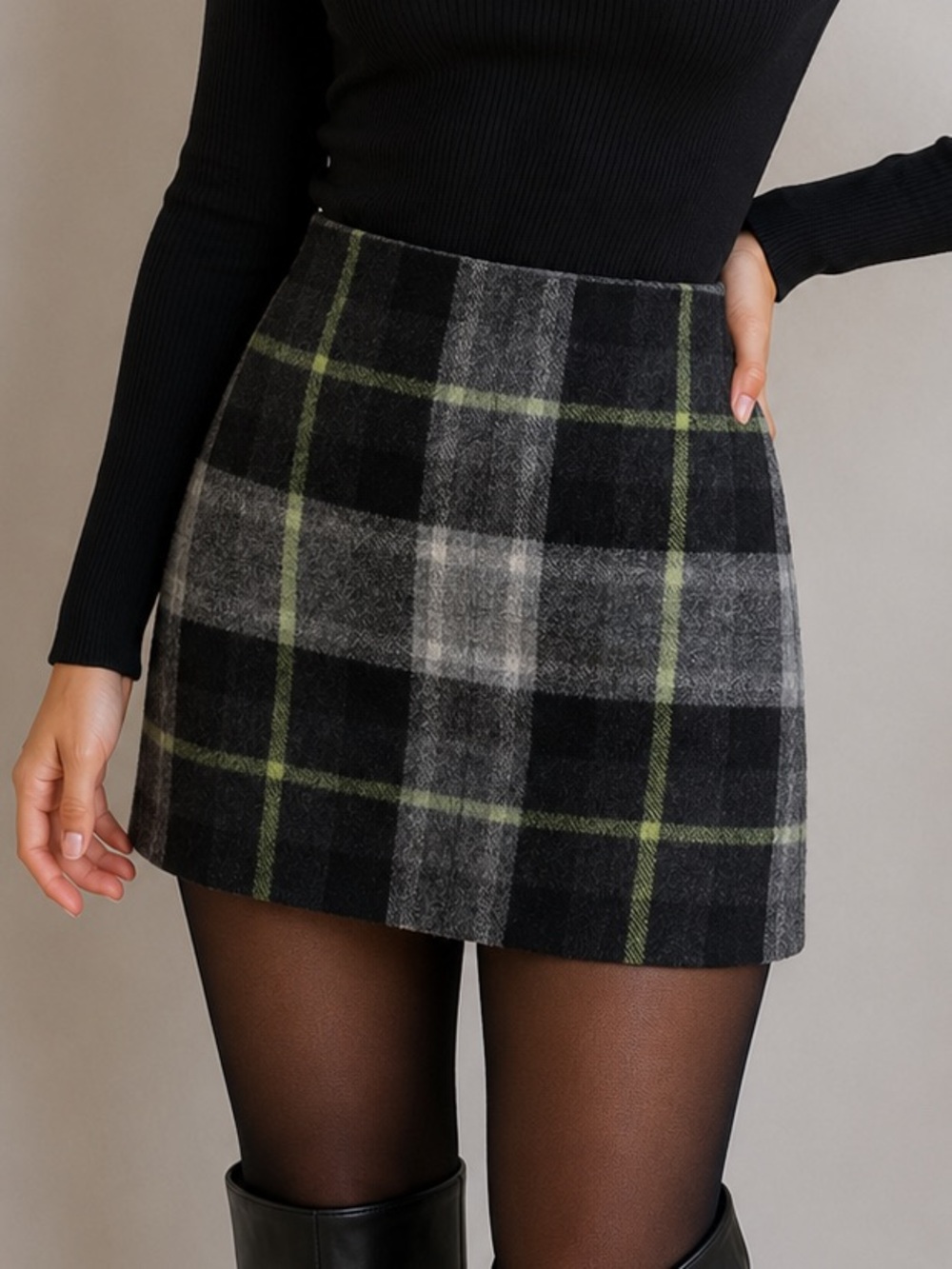 Mexx Wool Blend Plaid Mini Skirt Grey Check Lined Size 34